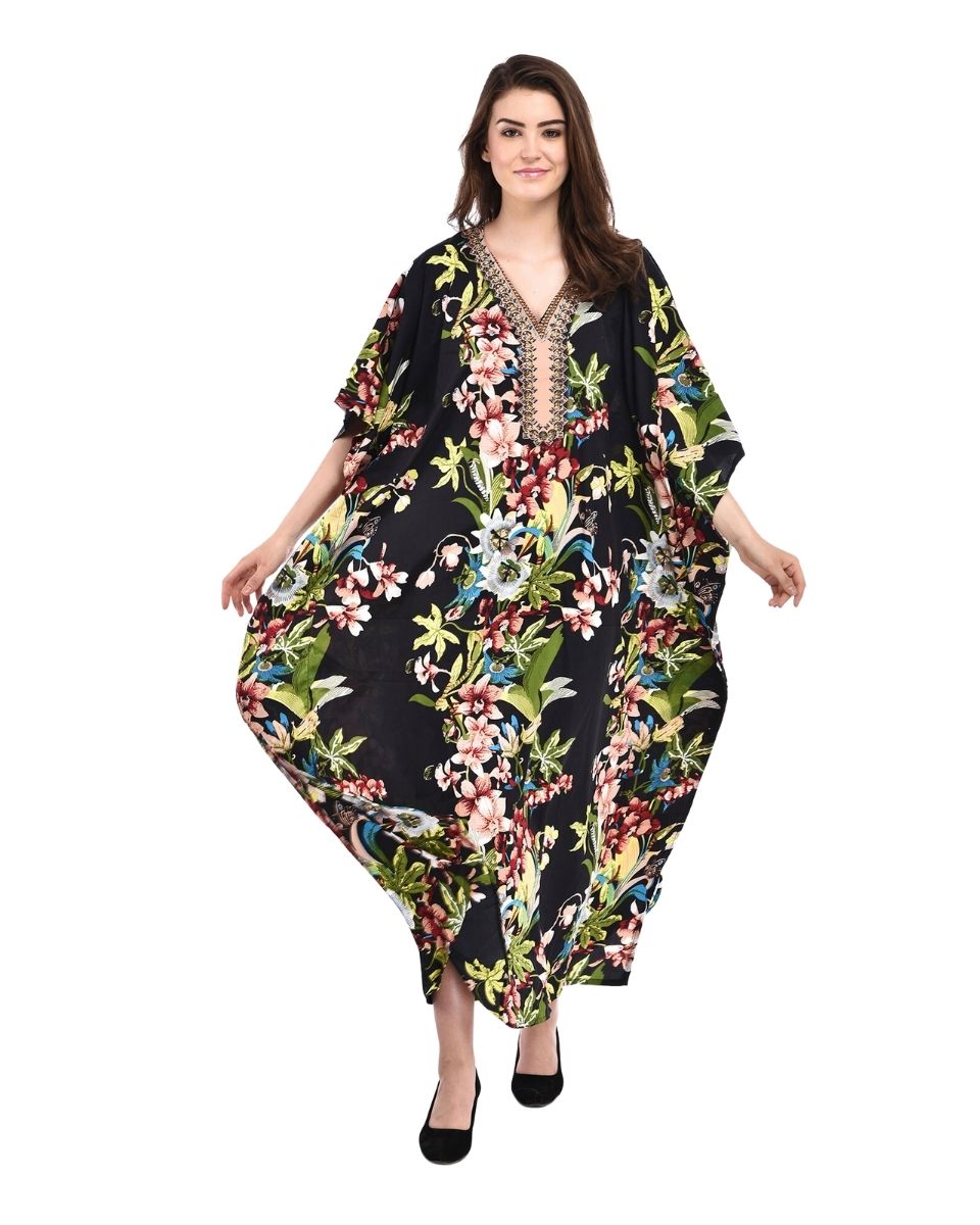 Black Floral Printed Polyester Kaftan For Plus Size Women