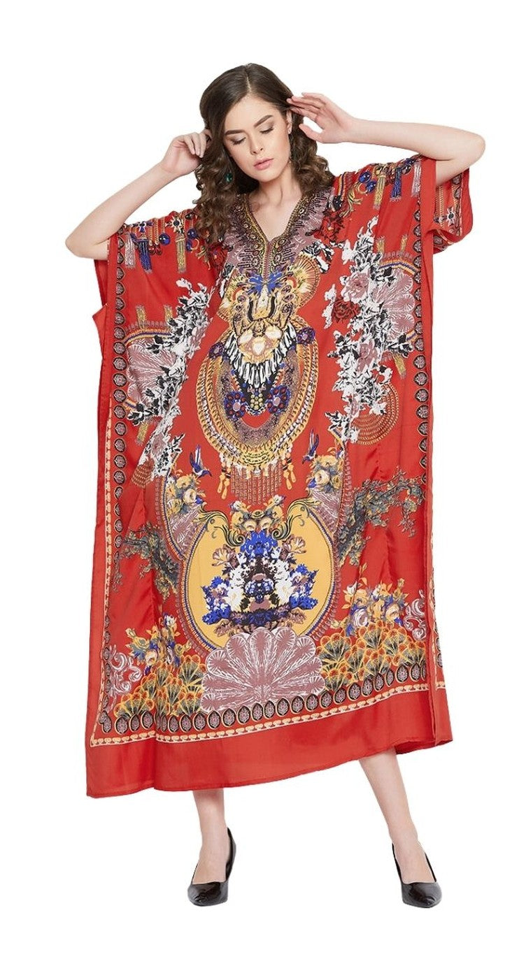 Dress Red Caftan Floral Print Polyester Long Kaftan for Women - SKU SG152-7863 - Gypsie Blu