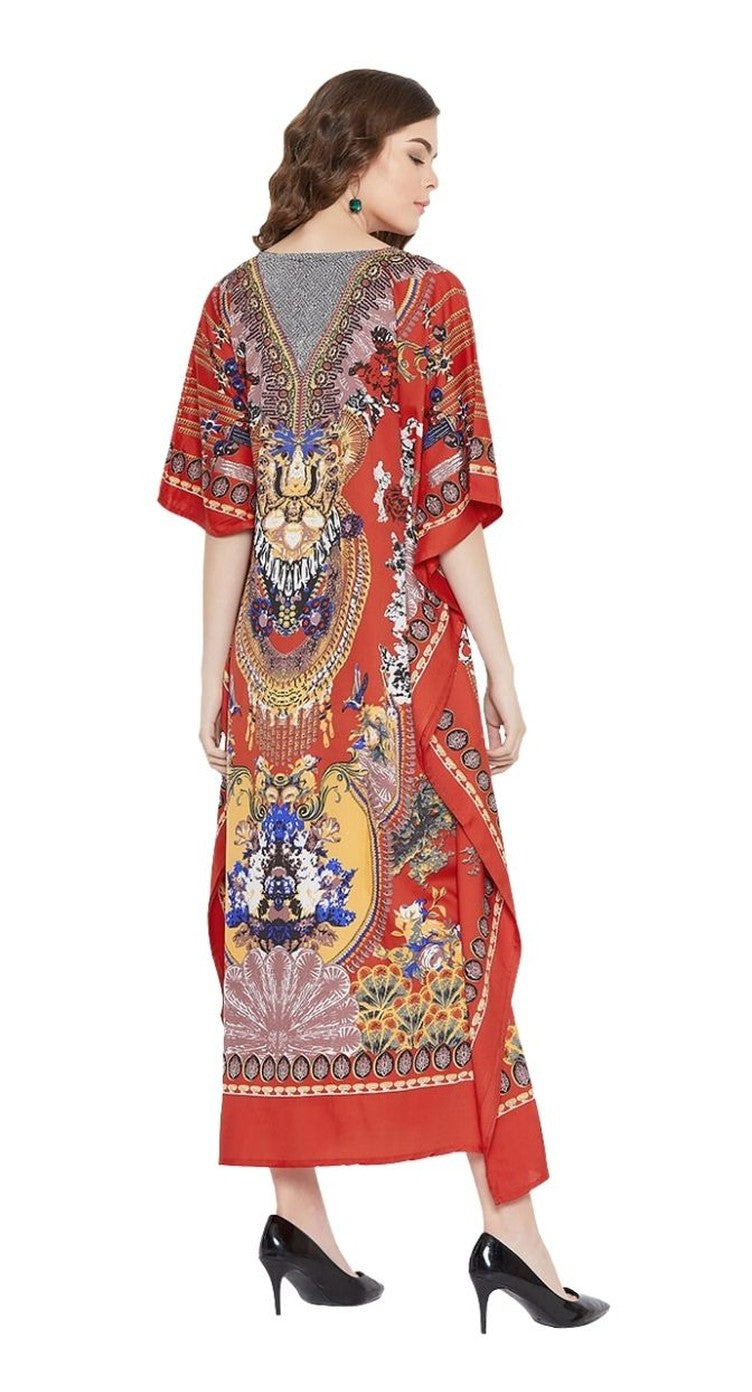 Dress Red Caftan Floral Print Polyester Long Kaftan for Women - SKU SG152-7863 - Gypsie Blu