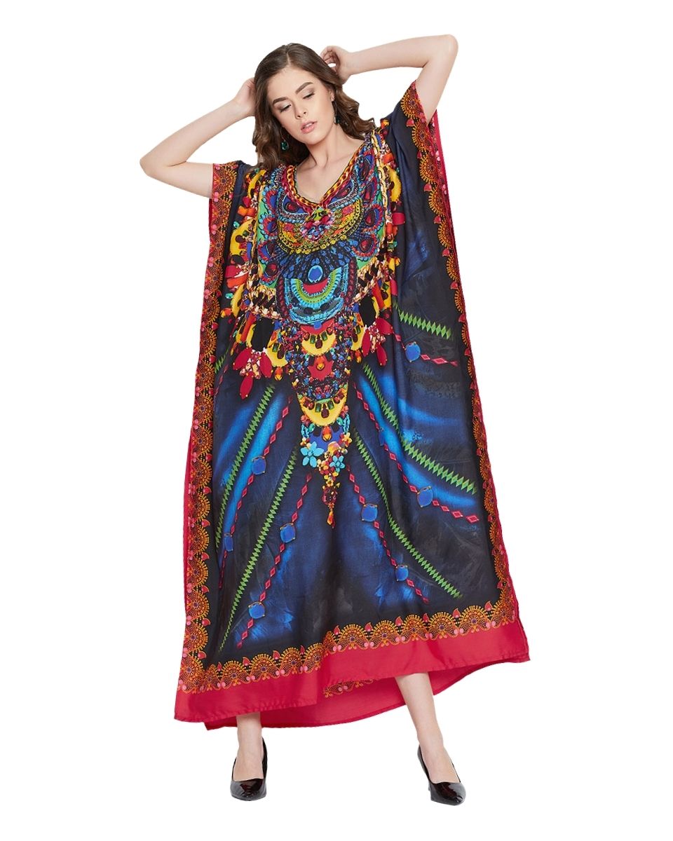 Digital Printed Multicolor Polyester Plus size Kaftan Dress For Women