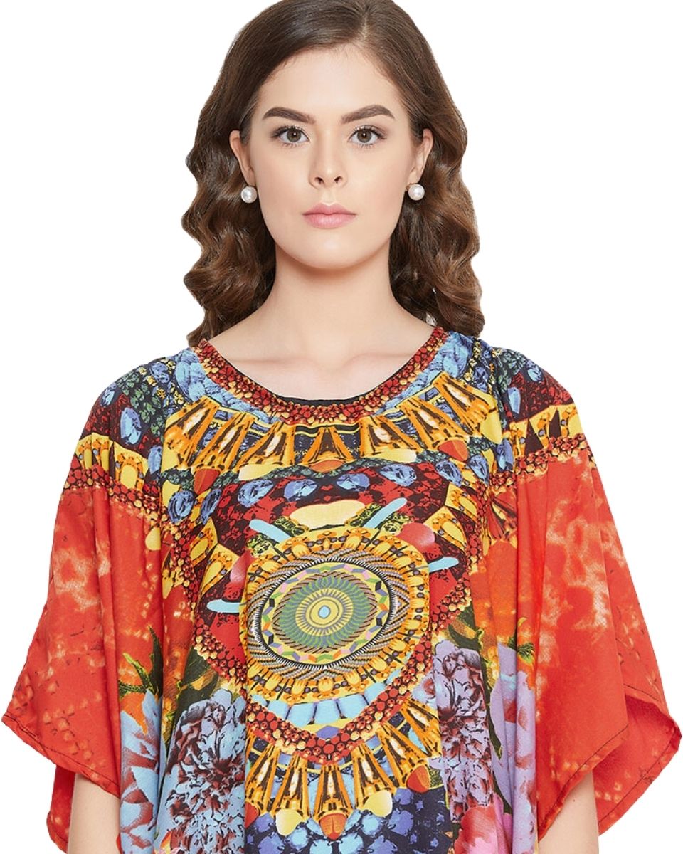 Orange Polyester Floral Lightweight Maxi Kaftan For Plus Size Women