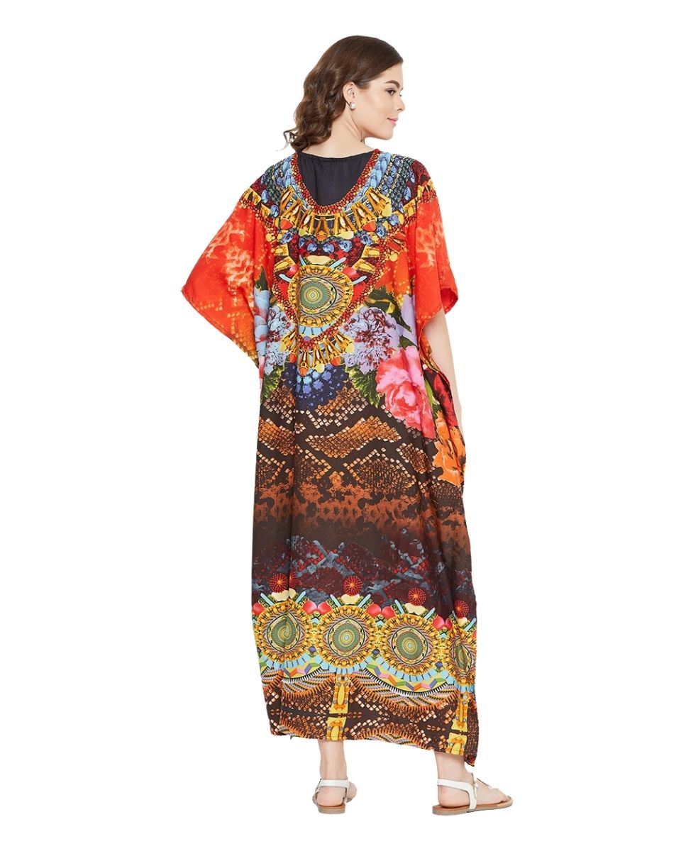 Orange Polyester Floral Lightweight Maxi Kaftan For Plus Size Women