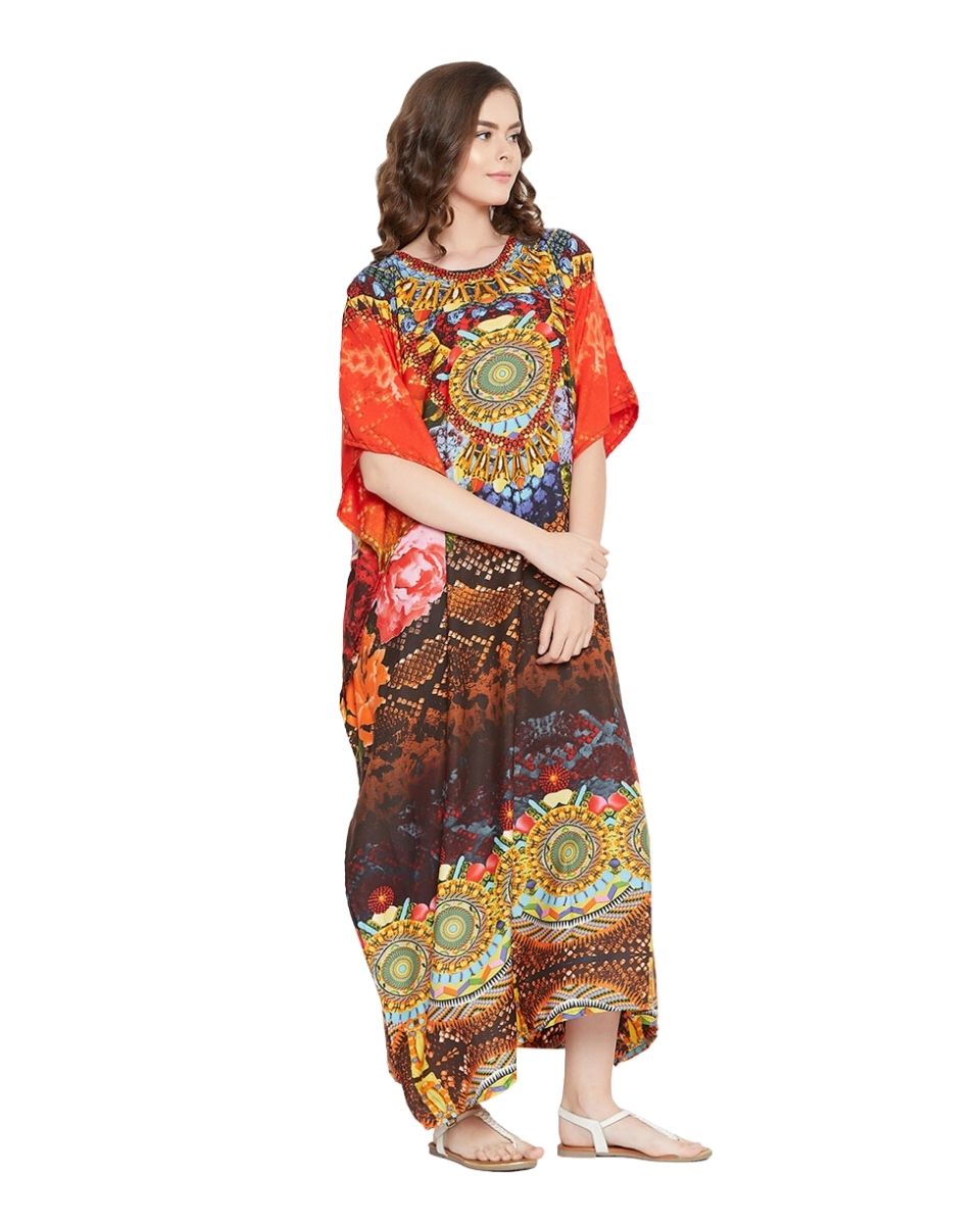 Orange Polyester Floral Lightweight Maxi Kaftan For Plus Size Women