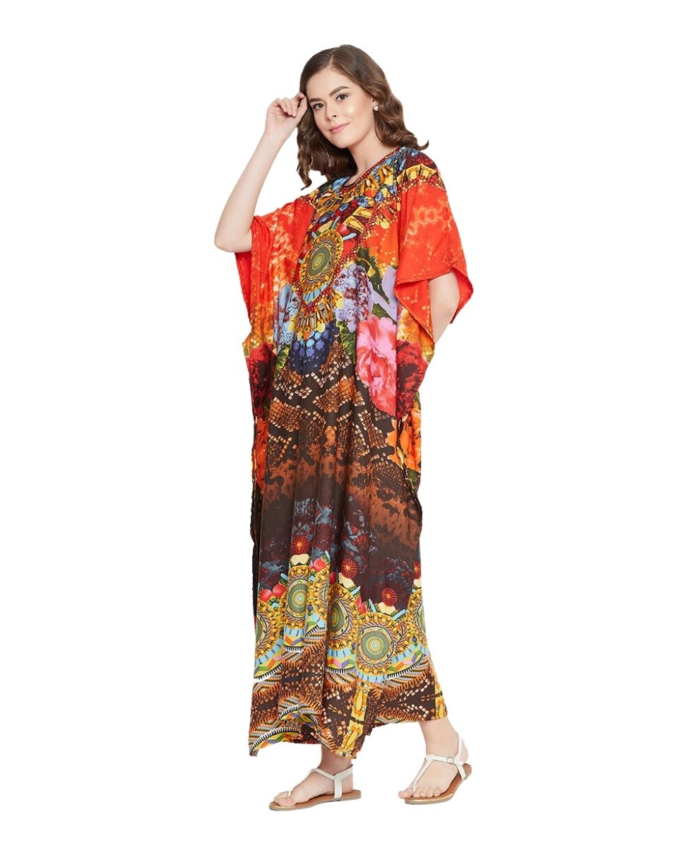 Orange Polyester Floral Lightweight Maxi Kaftan For Plus Size Women