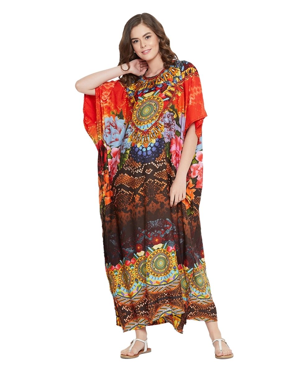 Orange Polyester Floral Lightweight Maxi Kaftan For Plus Size Women