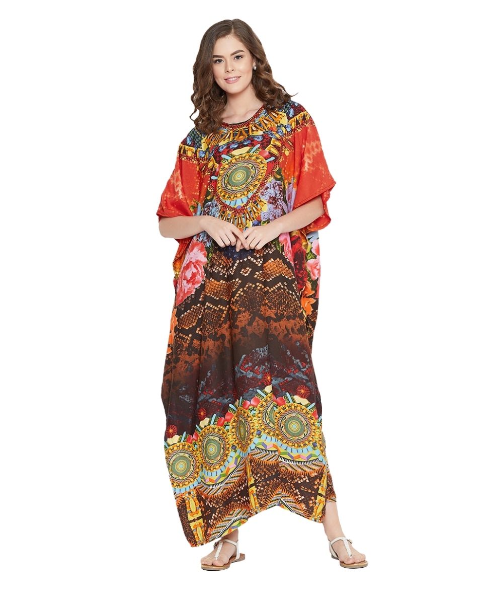 Orange Polyester Floral Lightweight Maxi Kaftan For Plus Size Women