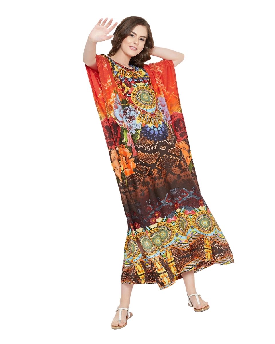 Orange Polyester Floral Lightweight Maxi Kaftan For Plus Size Women