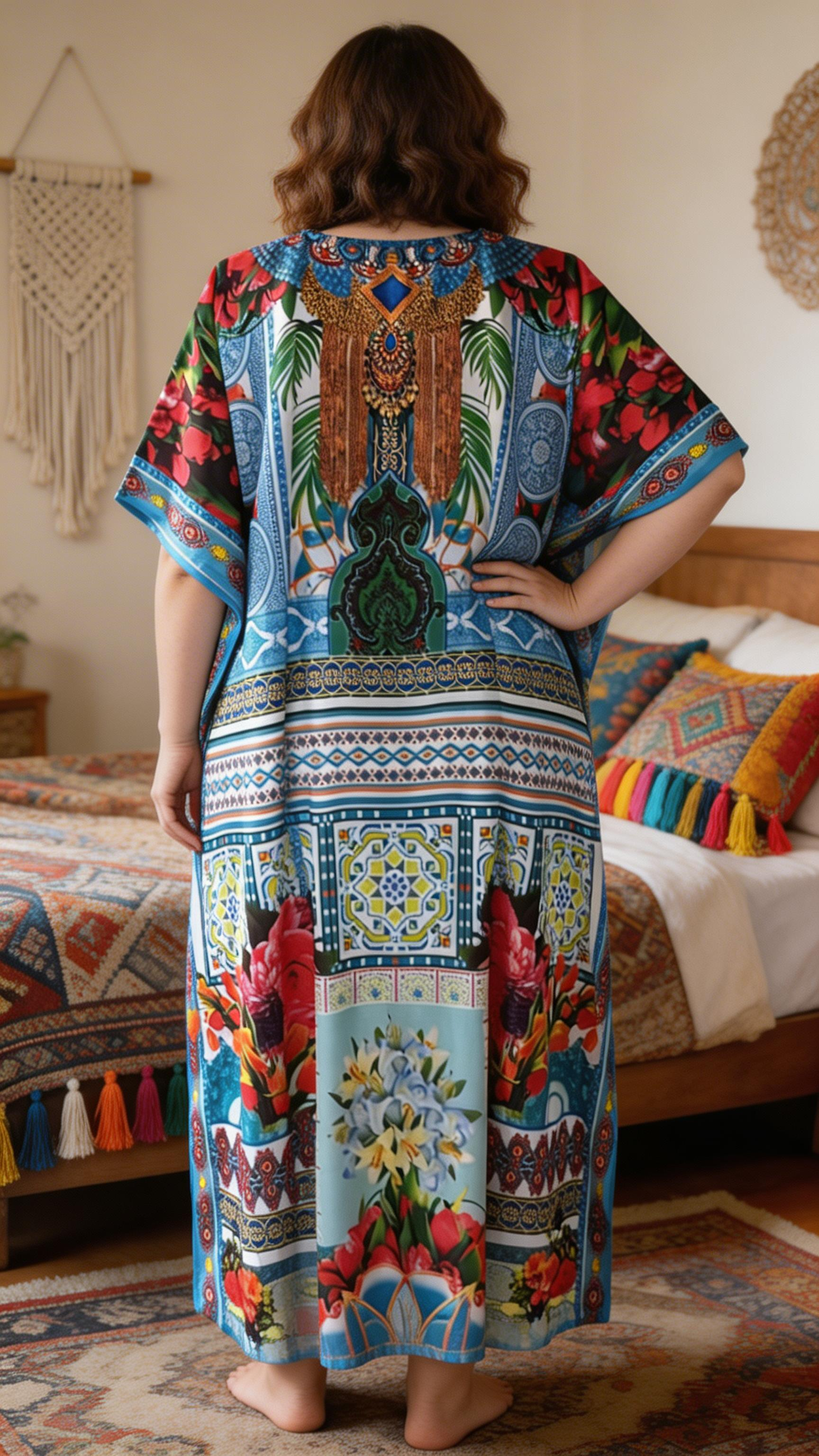 Turquoise Boho Polyester Kaftan for Women Plus Size Beach Dress