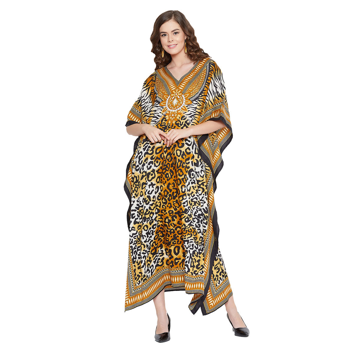 Leopard Print Yellow Polyester Plus Size Kaftan Dress for Women