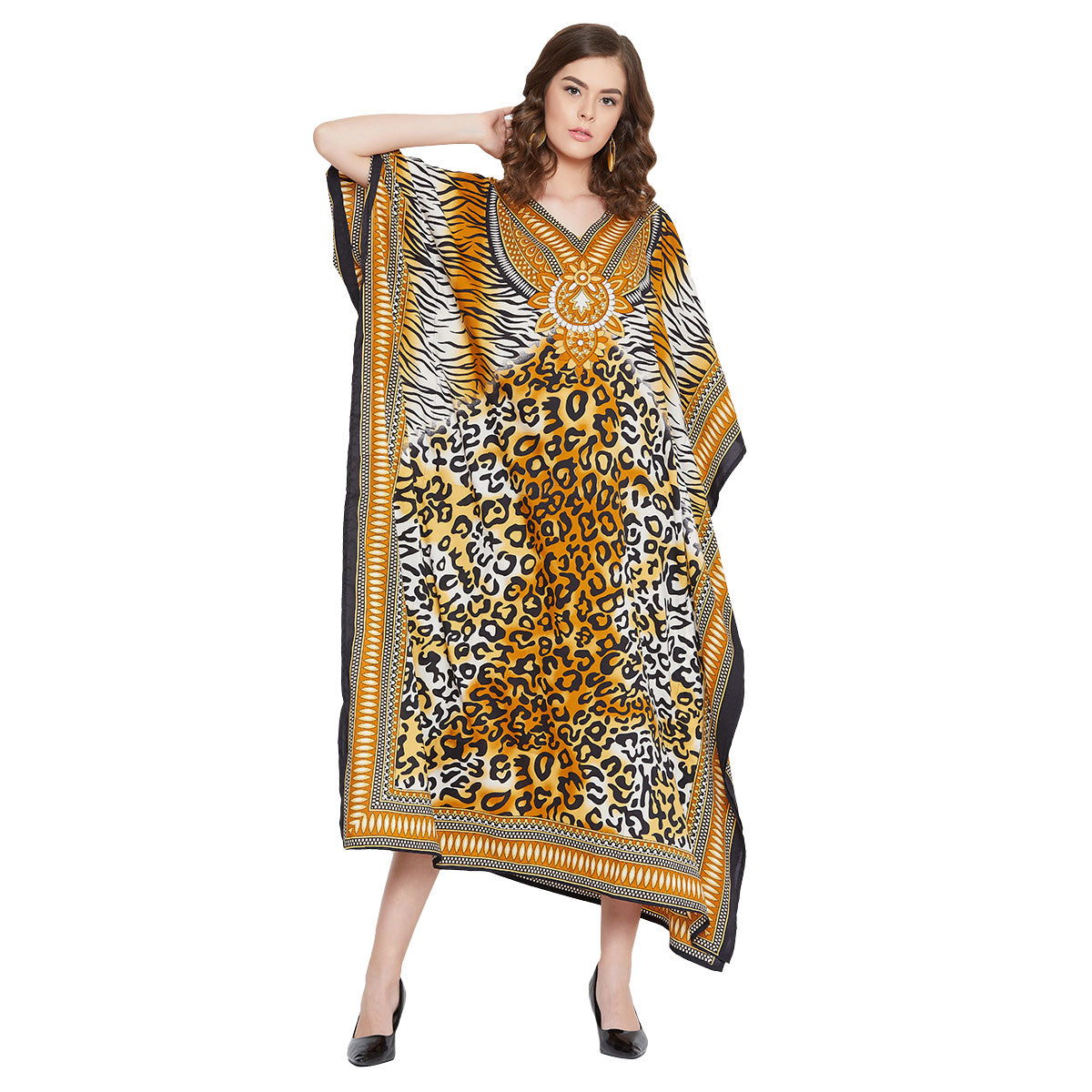 Leopard Print Yellow Polyester Plus Size Kaftan Dress for Women