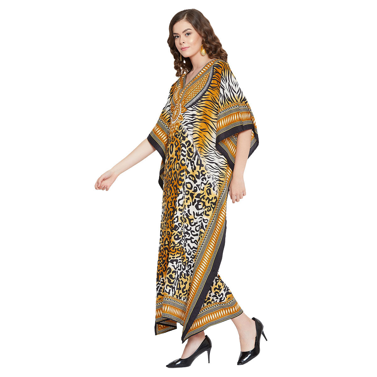 Leopard Print Yellow Polyester Plus Size Kaftan Dress for Women