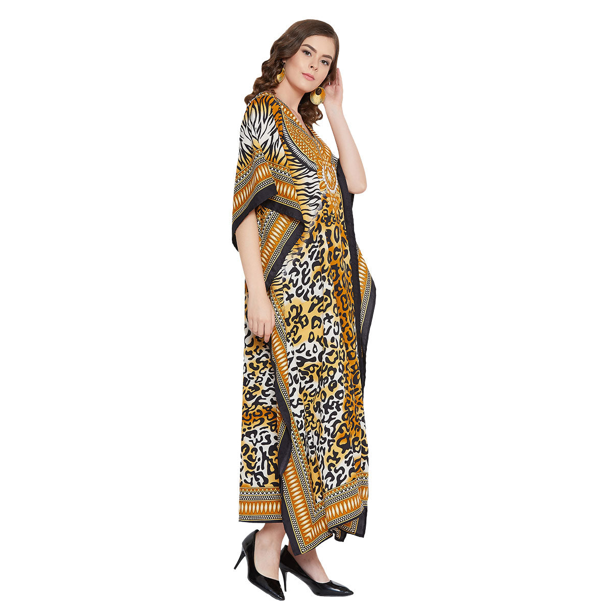 Leopard Print Yellow Polyester Plus Size Kaftan Dress for Women