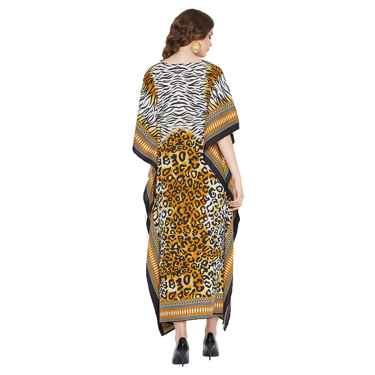 Leopard Print Yellow Polyester Plus Size Kaftan Dress for Women