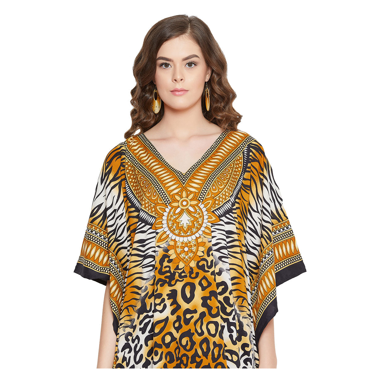 Leopard Print Yellow Polyester Plus Size Kaftan Dress for Women