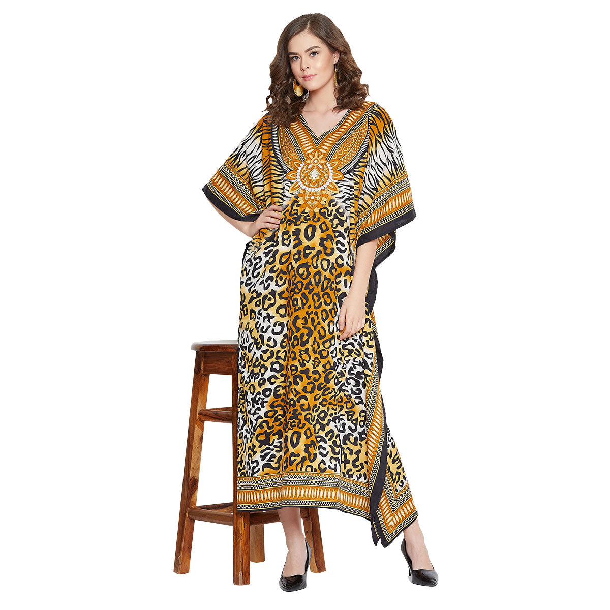 Leopard Print Yellow Polyester Plus Size Kaftan Dress for Women