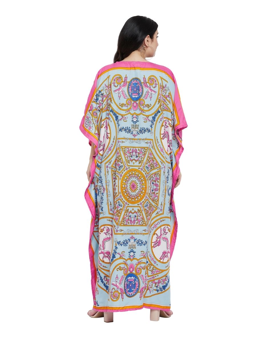 Mint Floral Print Polyester Plus Size Long Kaftan Dress For Women