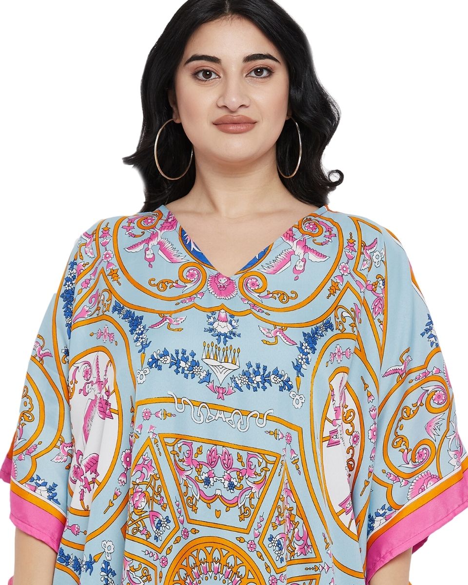 Mint Floral Print Polyester Plus Size Long Kaftan Dress For Women