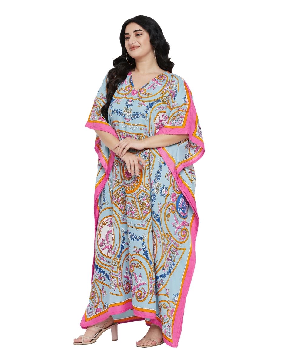 Mint Floral Print Polyester Plus Size Long Kaftan Dress For Women