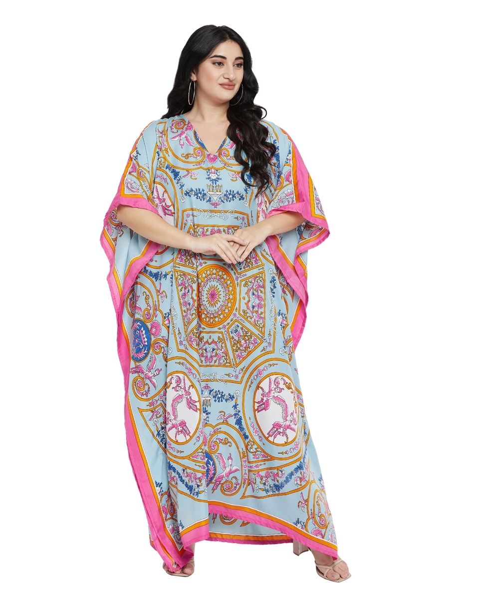 Mint Floral Print Polyester Plus Size Long Kaftan Dress For Women