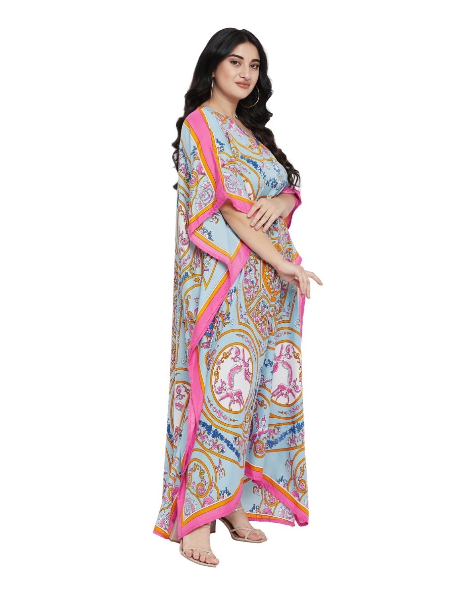 Mint Floral Print Polyester Plus Size Long Kaftan Dress For Women