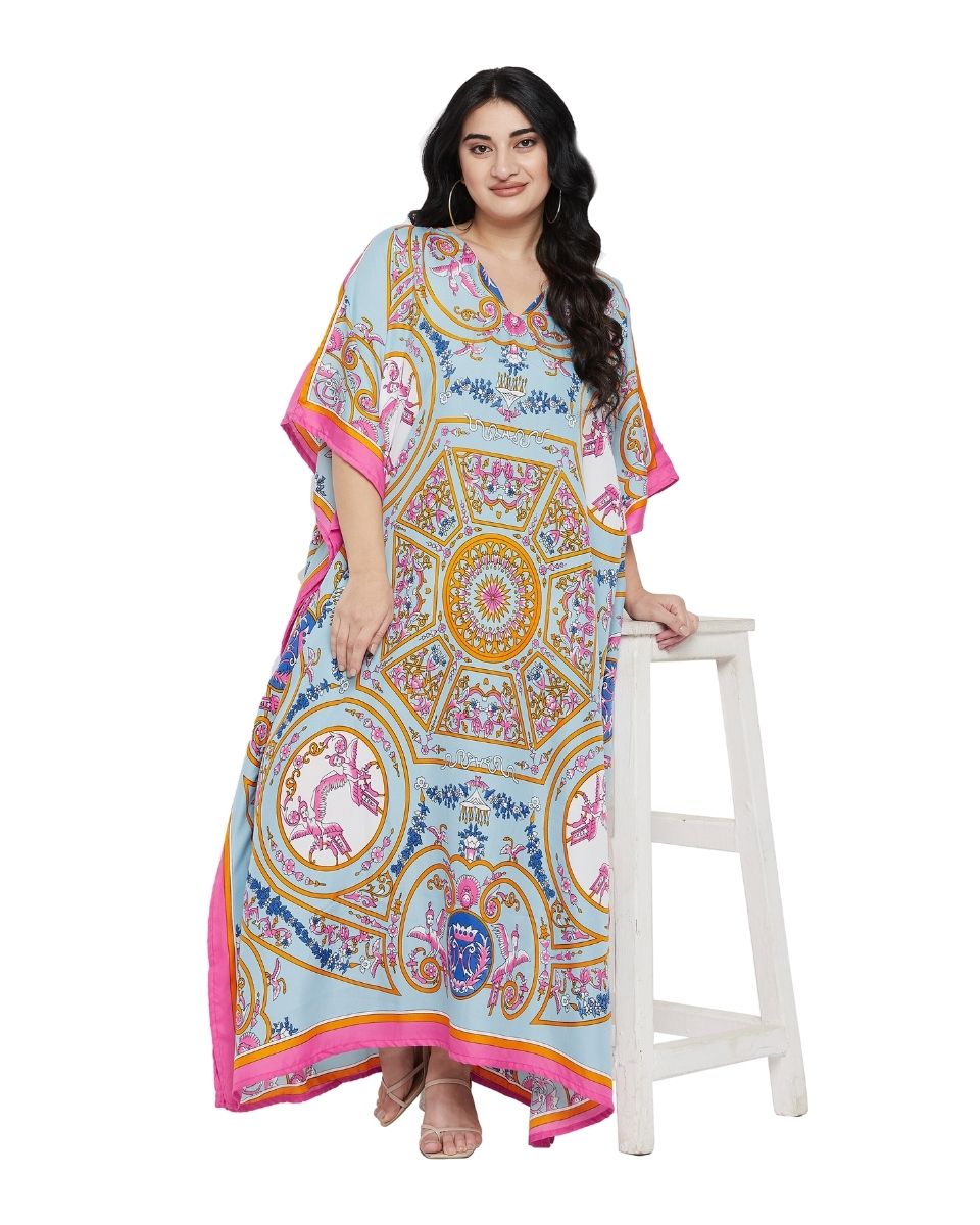 Mint Floral Print Polyester Plus Size Long Kaftan Dress For Women