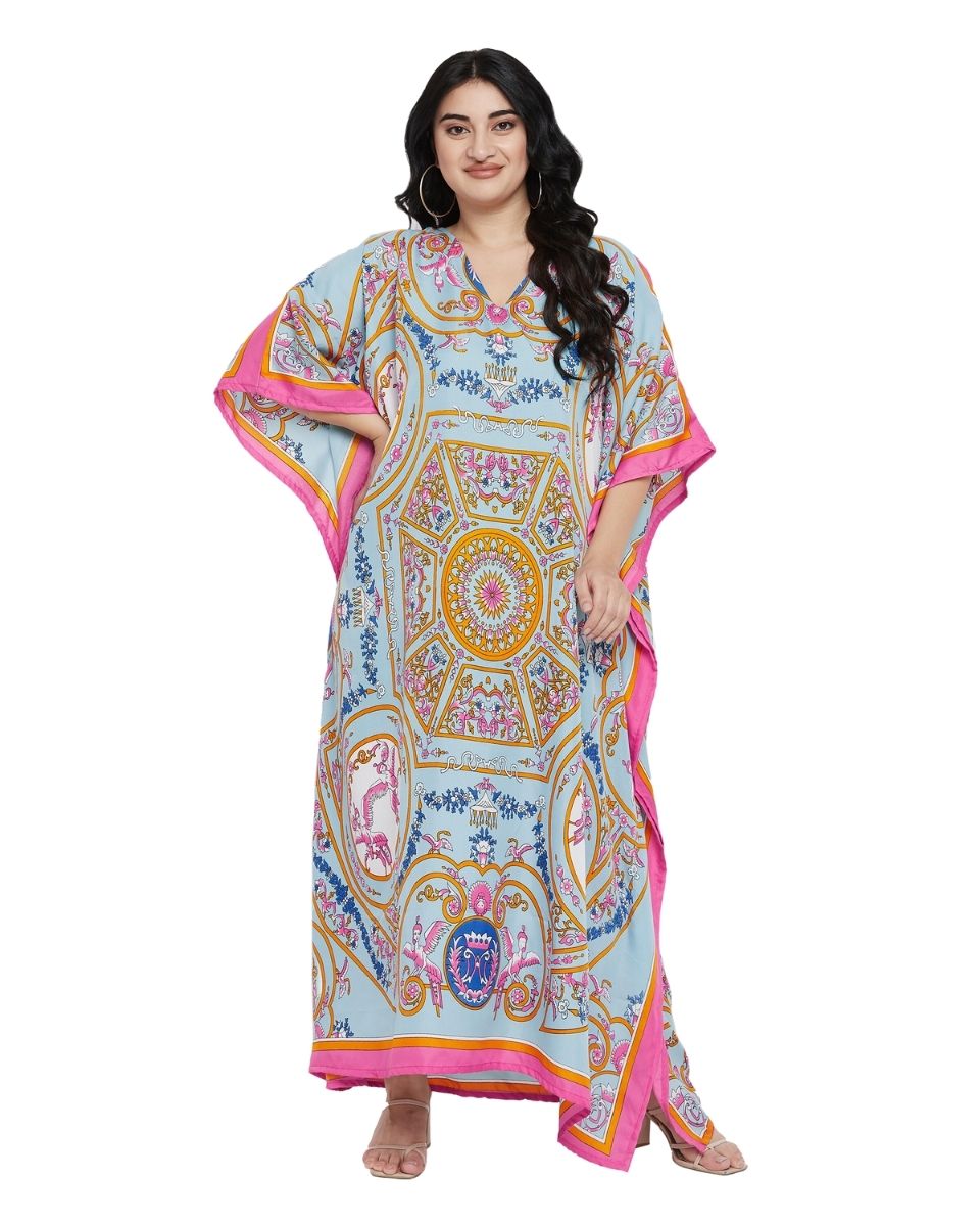 Mint Floral Print Polyester Plus Size Long Kaftan Dress For Women