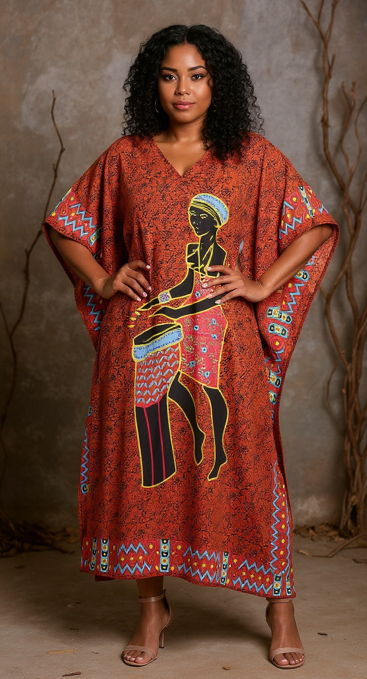 Brown Tribal Printed Polyester Kaftan Dress For Plus Size Women