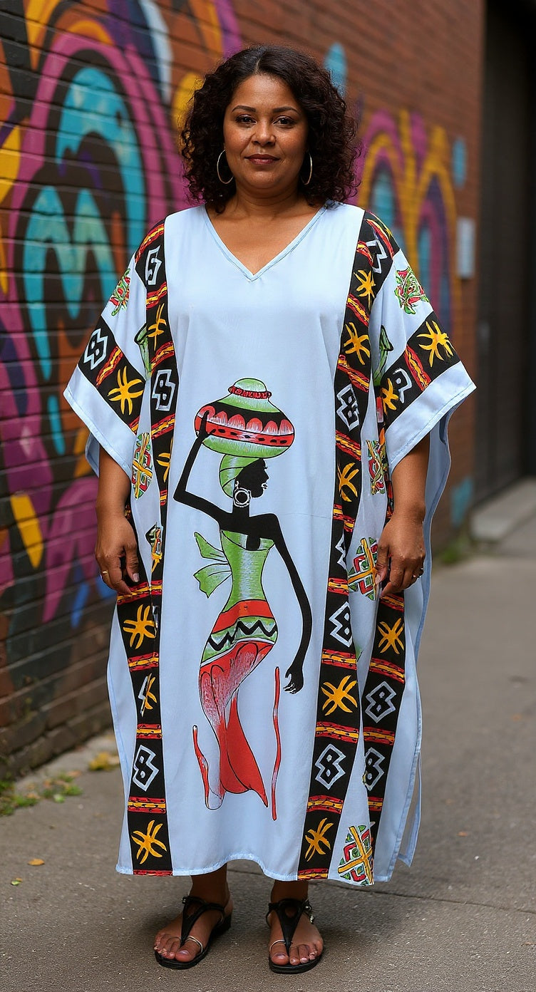 Dusty Blue Kaftan Plus Size Tribal Printed Polyester For Women