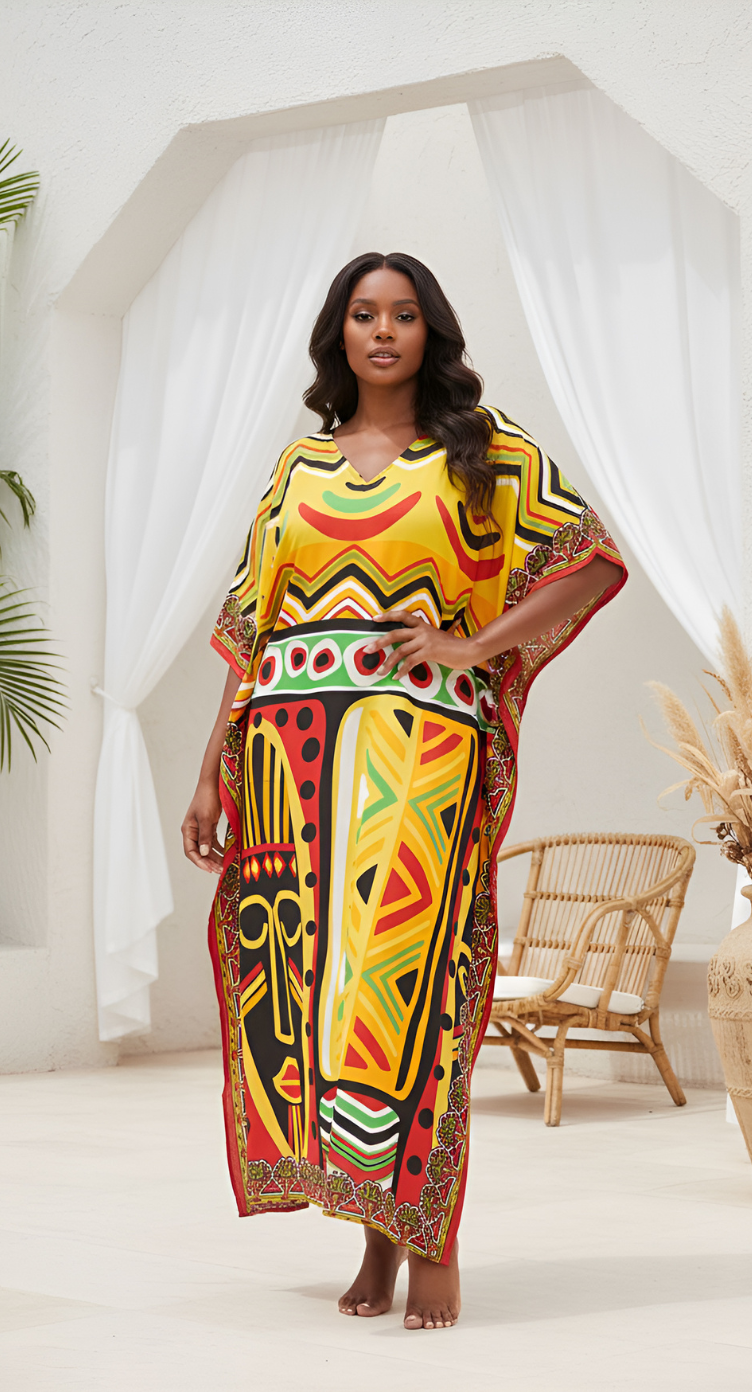 Kaftan Dress For Plus Size Women Tribal Printed Multicolor Polyester