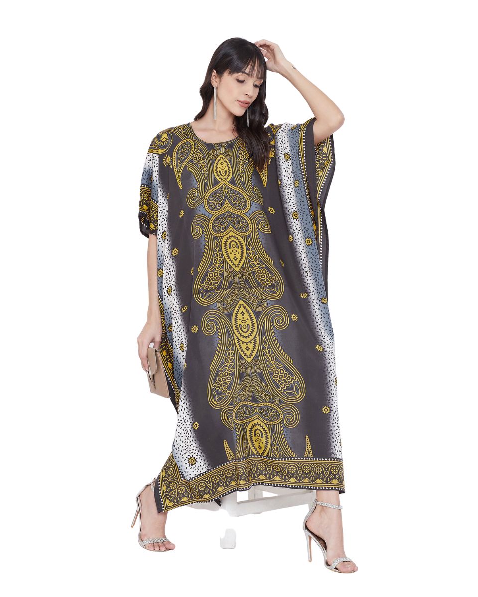 Loose Maxi Plus Size Kaftan Black Paisley Print Polyester For Women