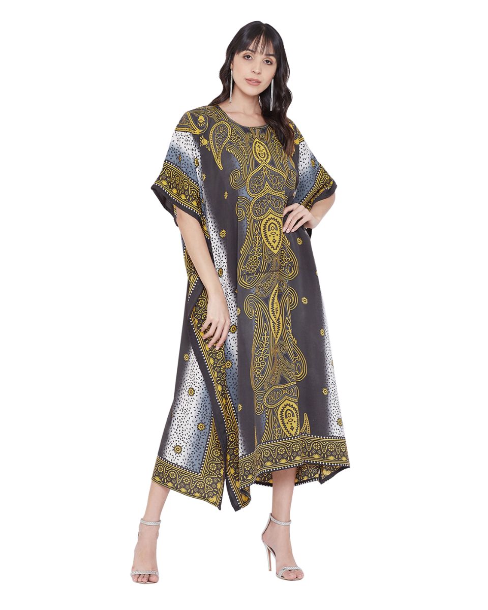 Loose Maxi Plus Size Kaftan Black Paisley Print Polyester For Women