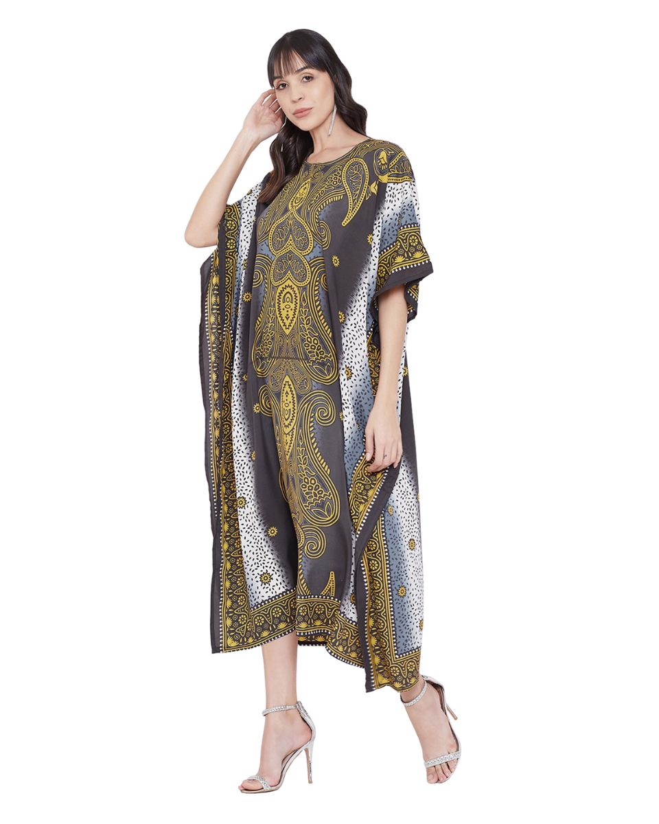 Loose Maxi Plus Size Kaftan Black Paisley Print Polyester For Women