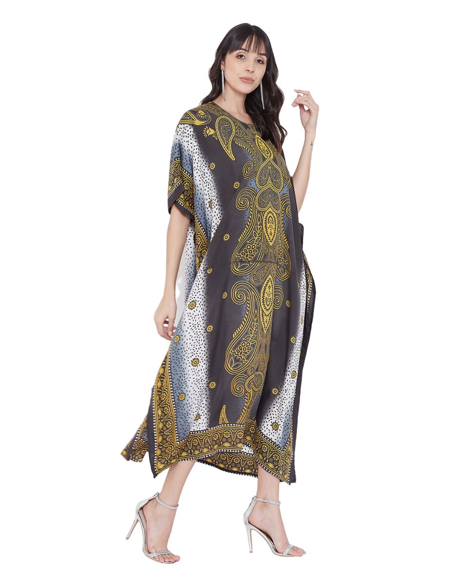 Loose Maxi Plus Size Kaftan Black Paisley Print Polyester For Women