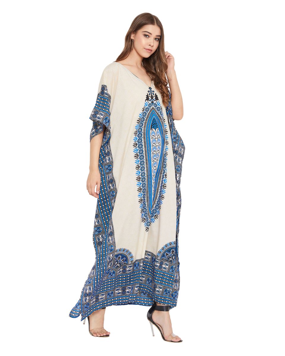 Blue Tribal Printed Polyester Kaftan For Plus Size Women