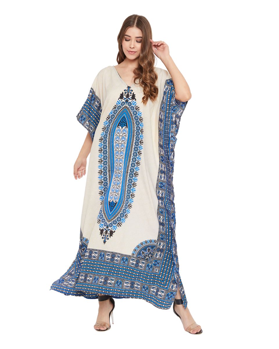 Blue Tribal Printed Polyester Kaftan For Plus Size Women