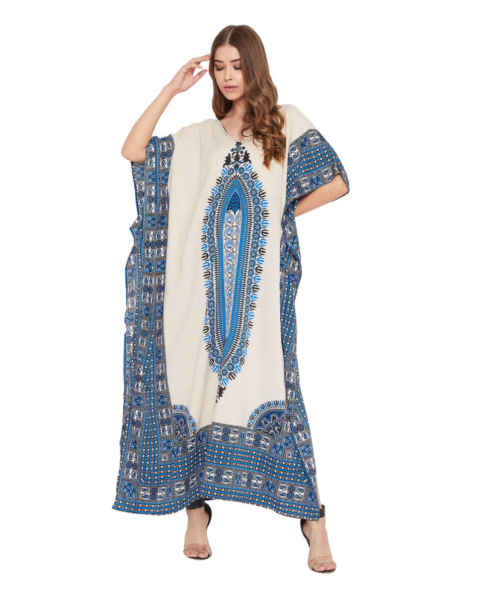 Blue Tribal Printed Polyester Kaftan For Plus Size Women