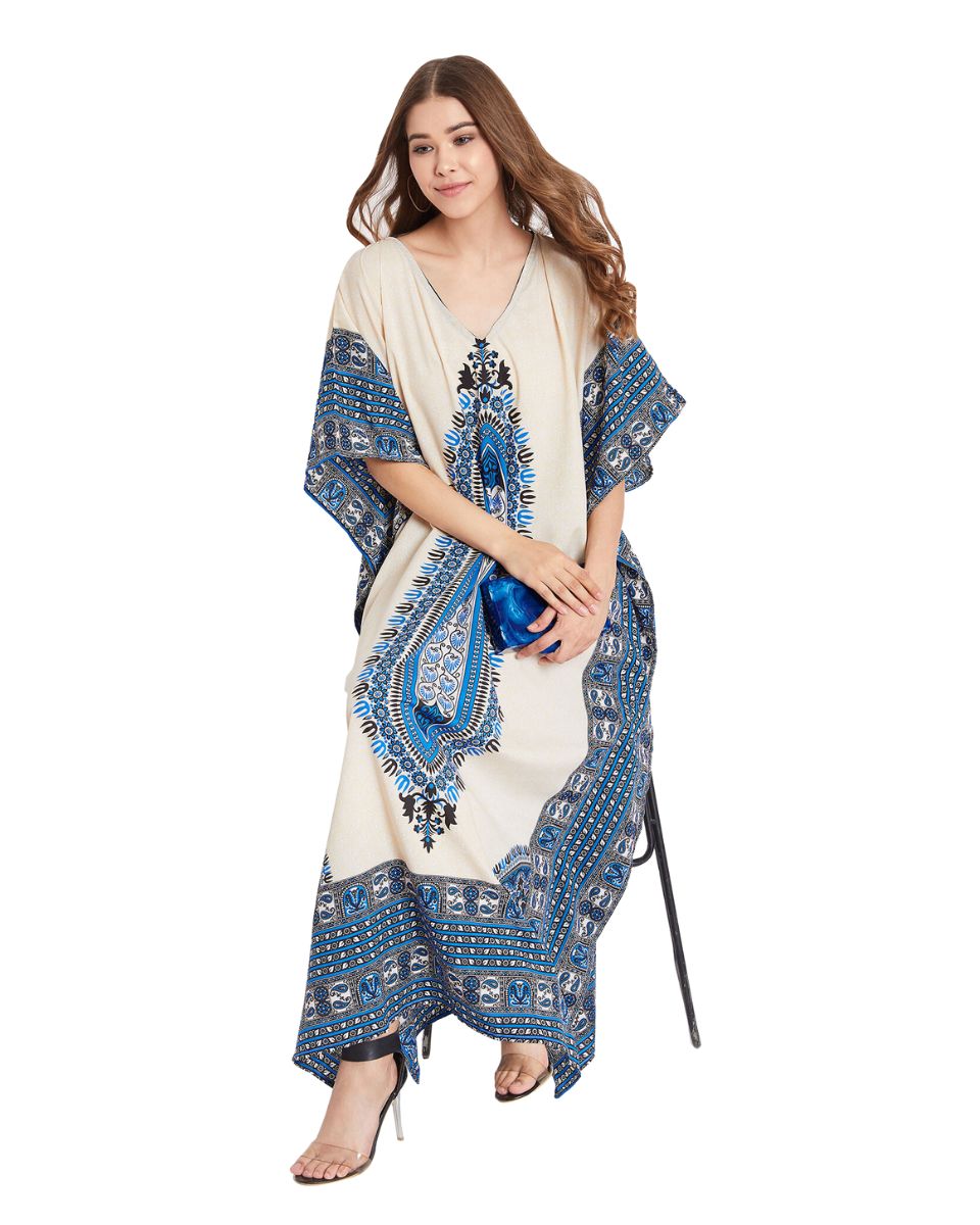 Blue Tribal Printed Polyester Kaftan For Plus Size Women