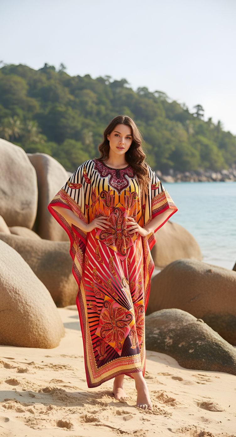 Paisley Printed Multicolor Polyester Plus Size Kaftan For Women
