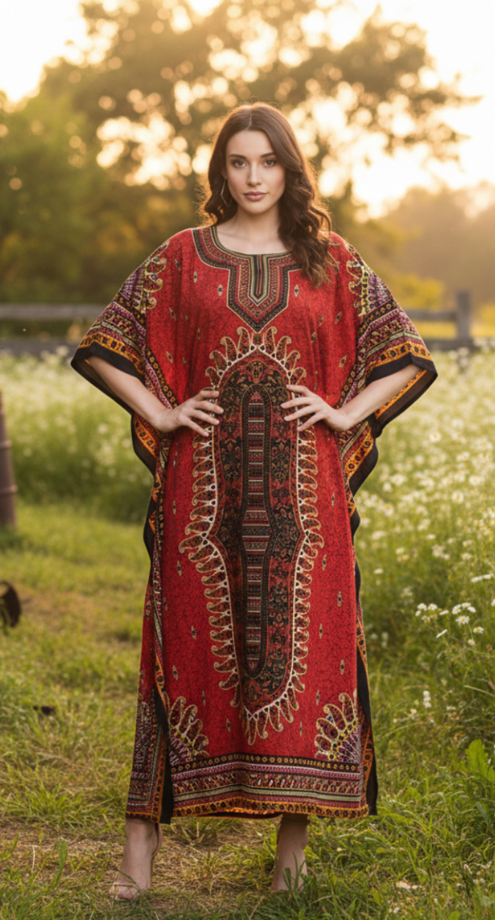 Paisley Printed Red Polyester Kaftan Plus Size Dress For Women