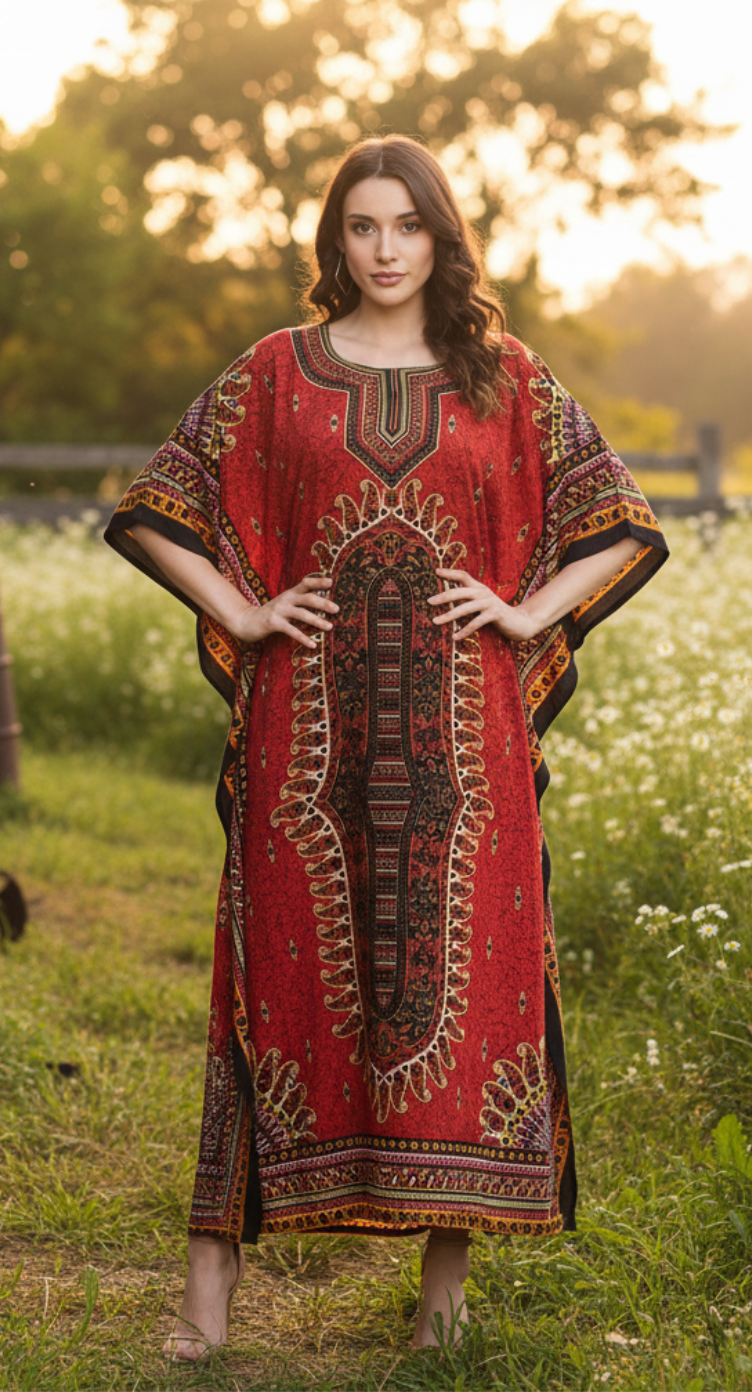 Paisley Printed Red Polyester Kaftan Plus Size Dress For Women