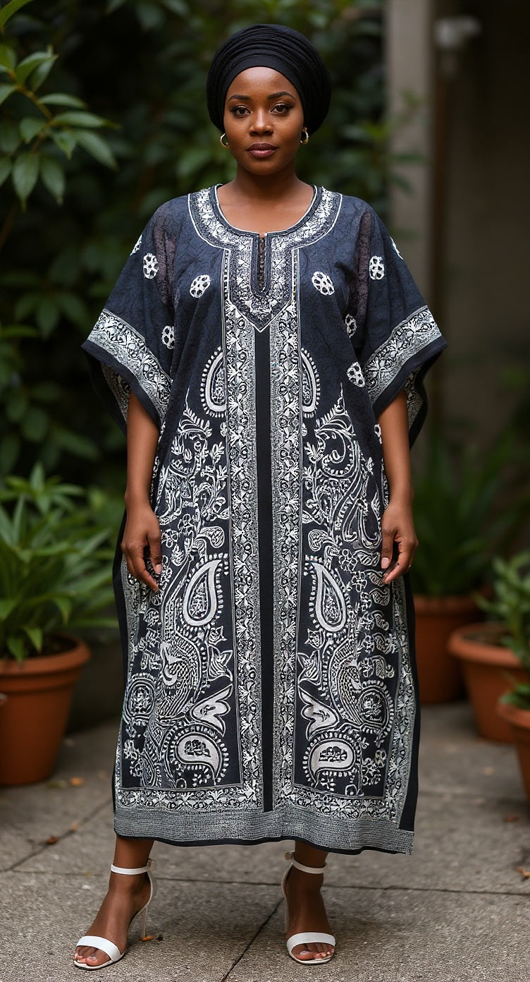 Floral Printed Black Polyester Kaftan Dress For Plus Size Women