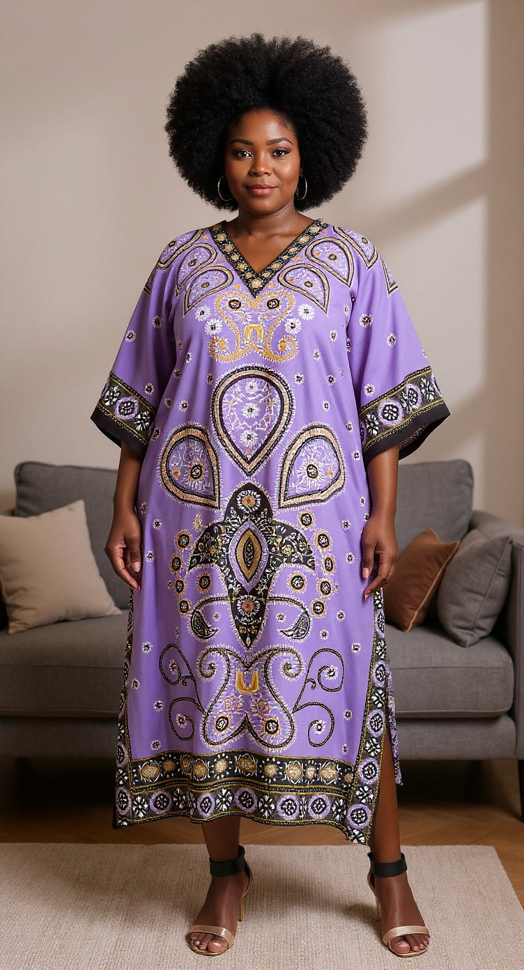 Paisley Printed Purple Plus Size Polyester Kaftan For Women