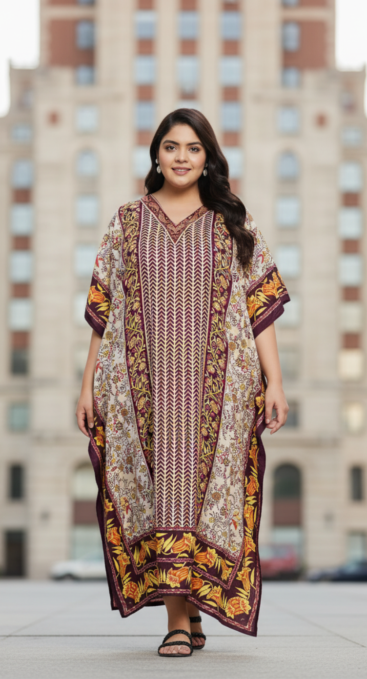 Floral Brown Polyester V Neck Kaftan Dress For Plus Size Women