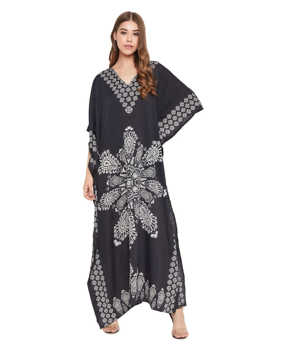 Floral Printed Black Polyester Kaftan Plus Size Dress For Women