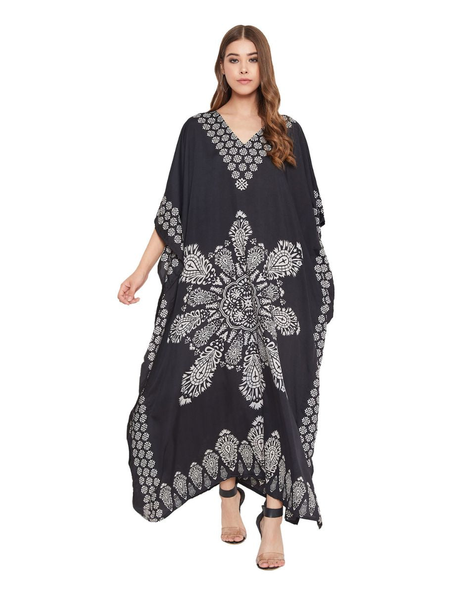 Floral Printed Black Polyester Kaftan Dress for Women