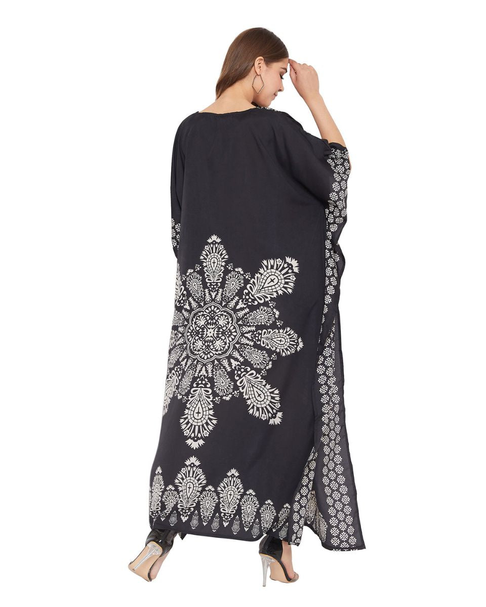 Floral Printed Black Polyester Kaftan Plus Size Dress For Women