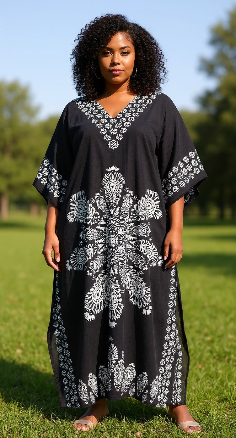 Floral Printed Black Polyester Kaftan Plus Size Dress For Women