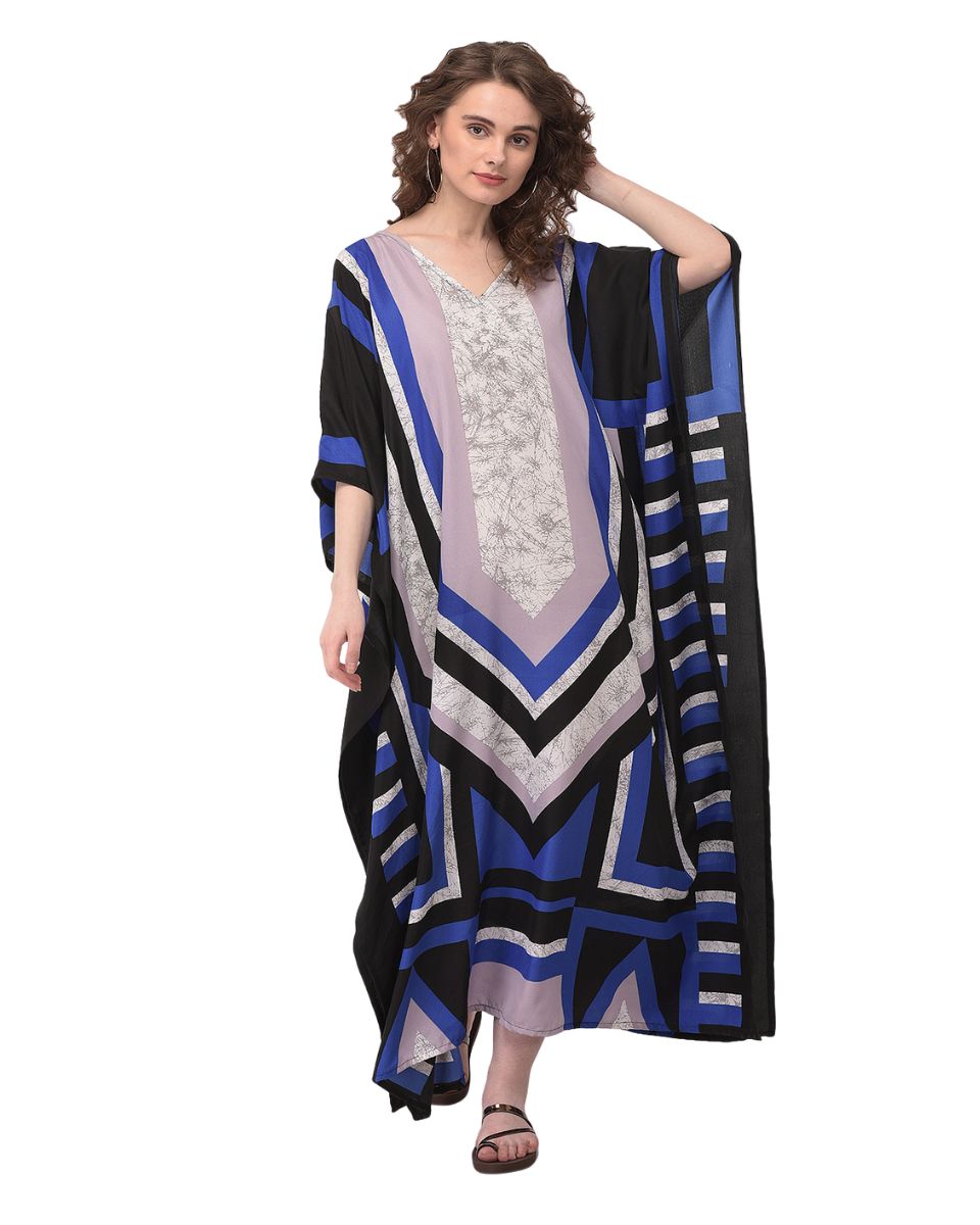 Abstract Print Navy Blue Polyester Kaftan for Women