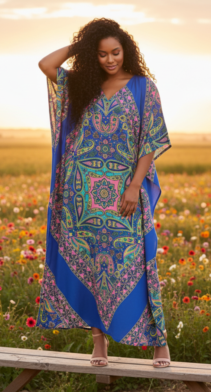 Paisley Printed Blue Polyester Kaftan Dress For Plus Size Women