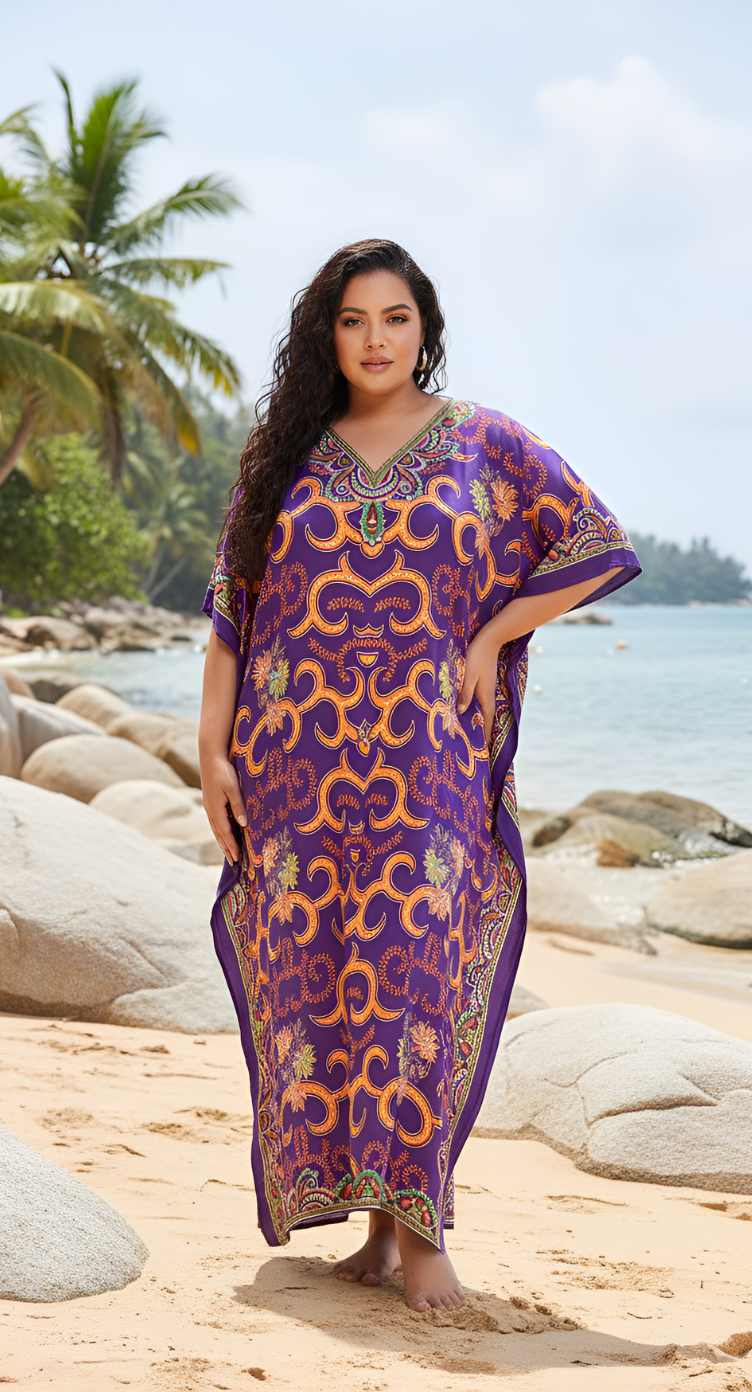 Floral Printed Purple Plus Size Polyester Kaftan Dress For Women